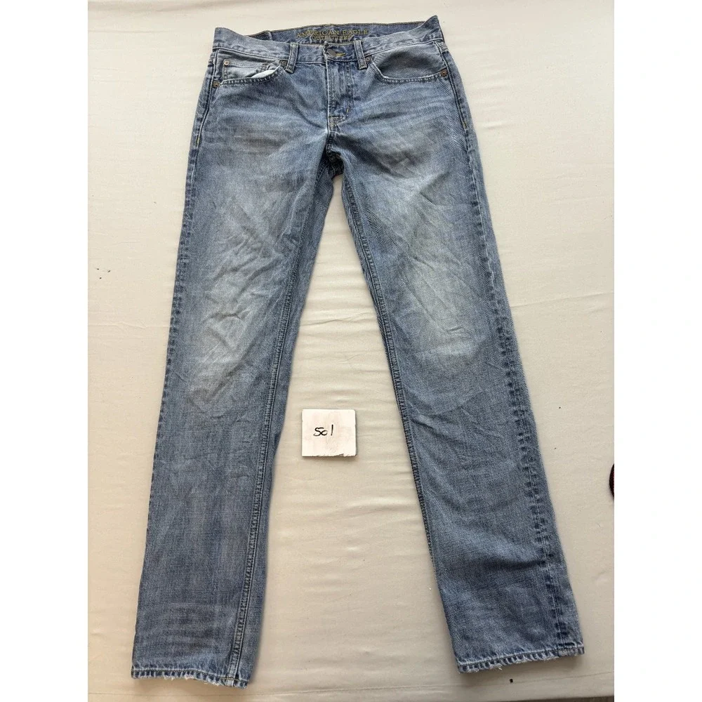 American Eagle Mens Slim Straight Jeans 31x34 Light Wash Blue Denim 100% Cotton